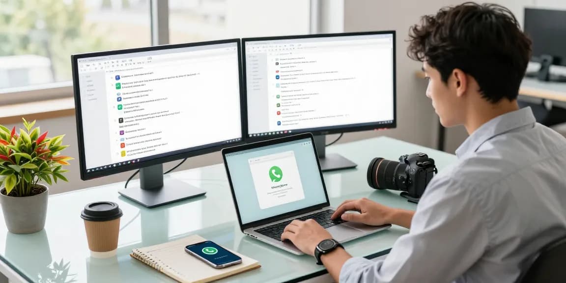 Using WhatsApp網頁版 on a modern laptop in a bright office setting, showcasing productivity.