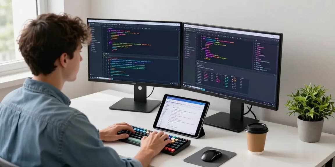 快连 enhances productivity in a tech workspace with powerful coding setups and modern aesthetics.