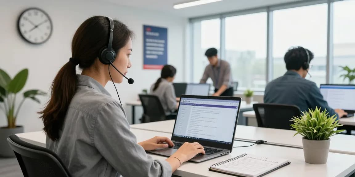 Telus-Technical-Support representative assisting customers in a modern office.