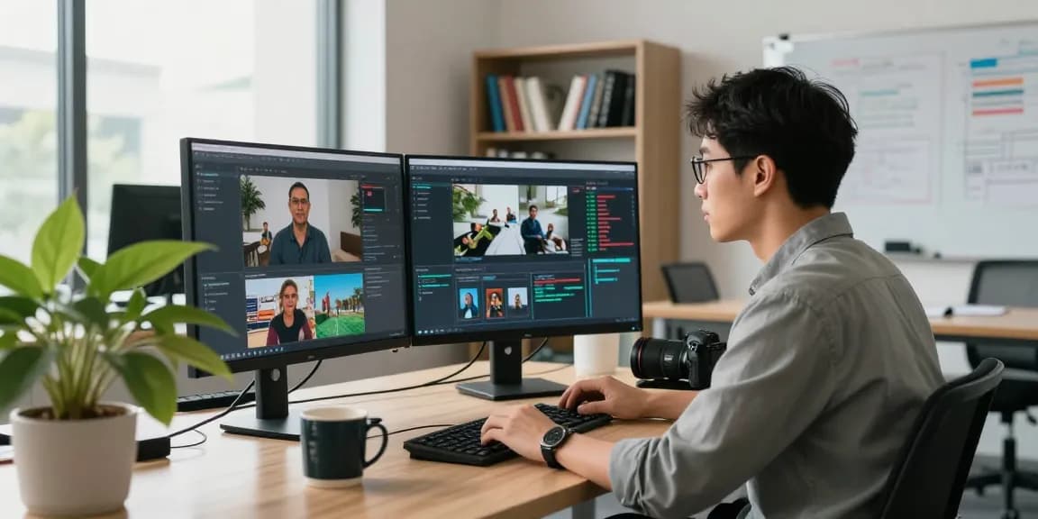 AI image detector in action at a tech workspace, showcasing professionals analyzing data and algorithms.