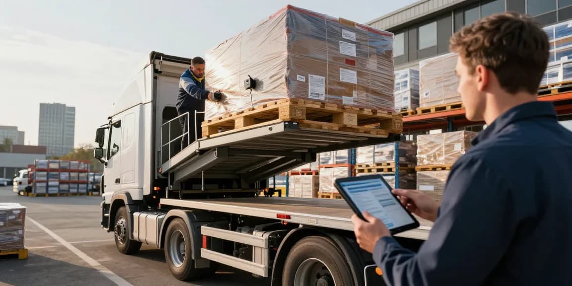 LKW Spedition in Dortmund: Fahrer lädt Waren auf Lkw im urbanen Umfeld für effiziente Transporte.