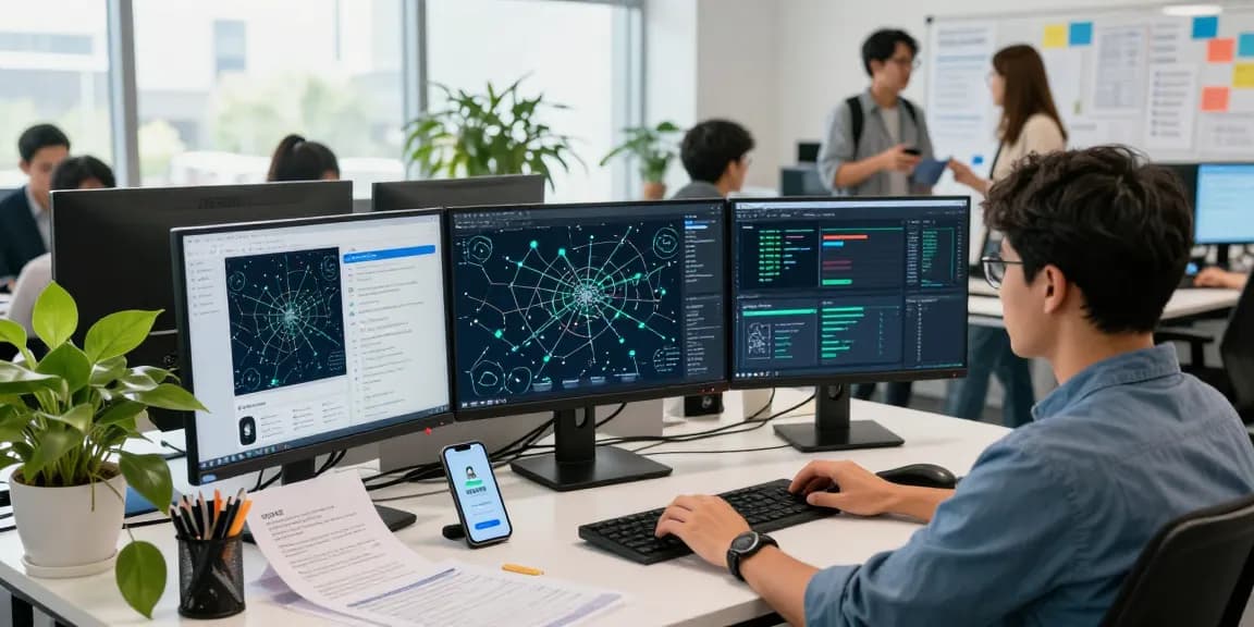 快连 network connectivity setup in a modern tech workspace with screens and collaborative discussions.