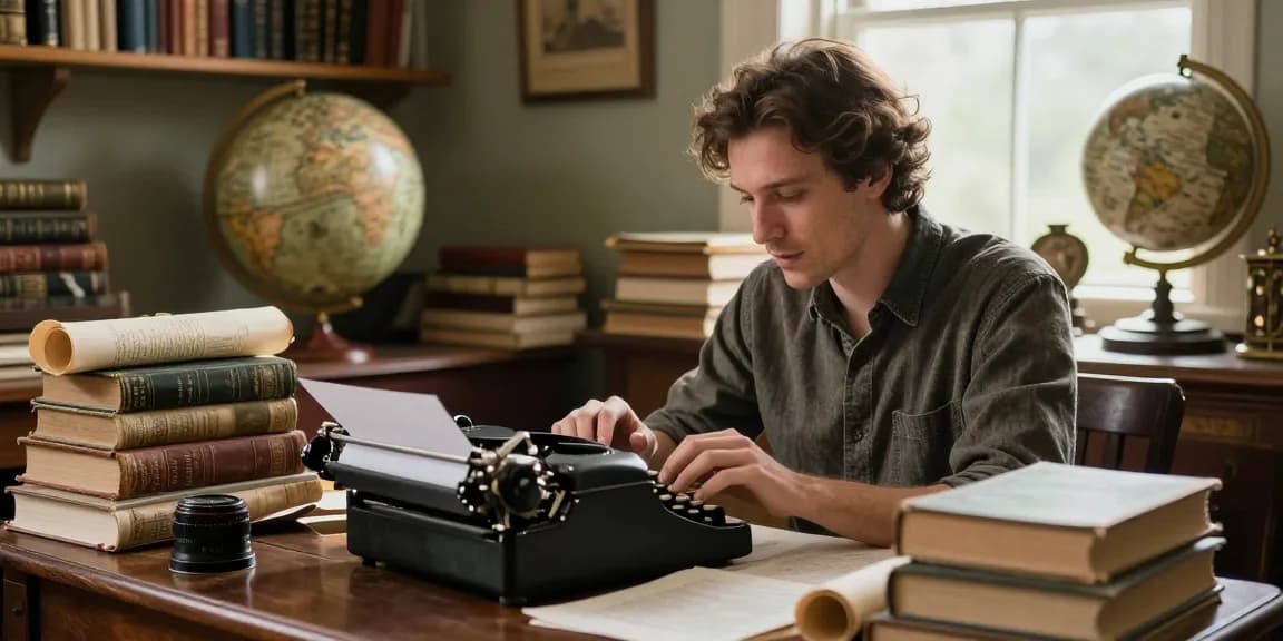 Explore historical narratives on https://tyntescastle.com with a writer in a cozy study surrounded by ancient books.