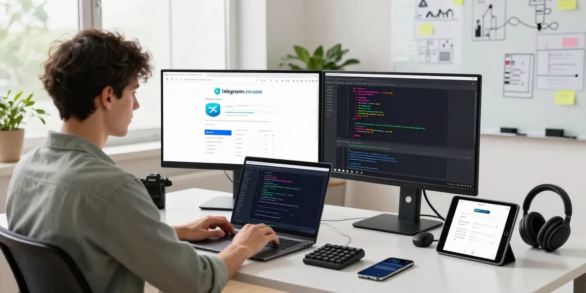 Developer analyzing telegramin-cn.com in a modern tech workspace with multiple screens and natural light.