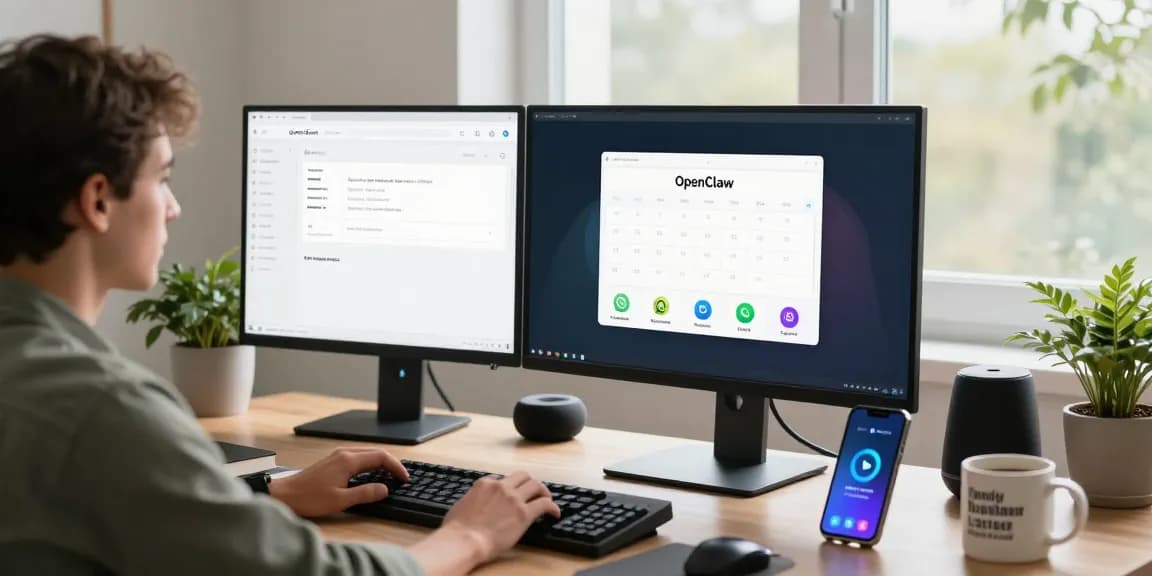 User engaging with OpenClaw personal AI assistant on a desktop in a modern home office.