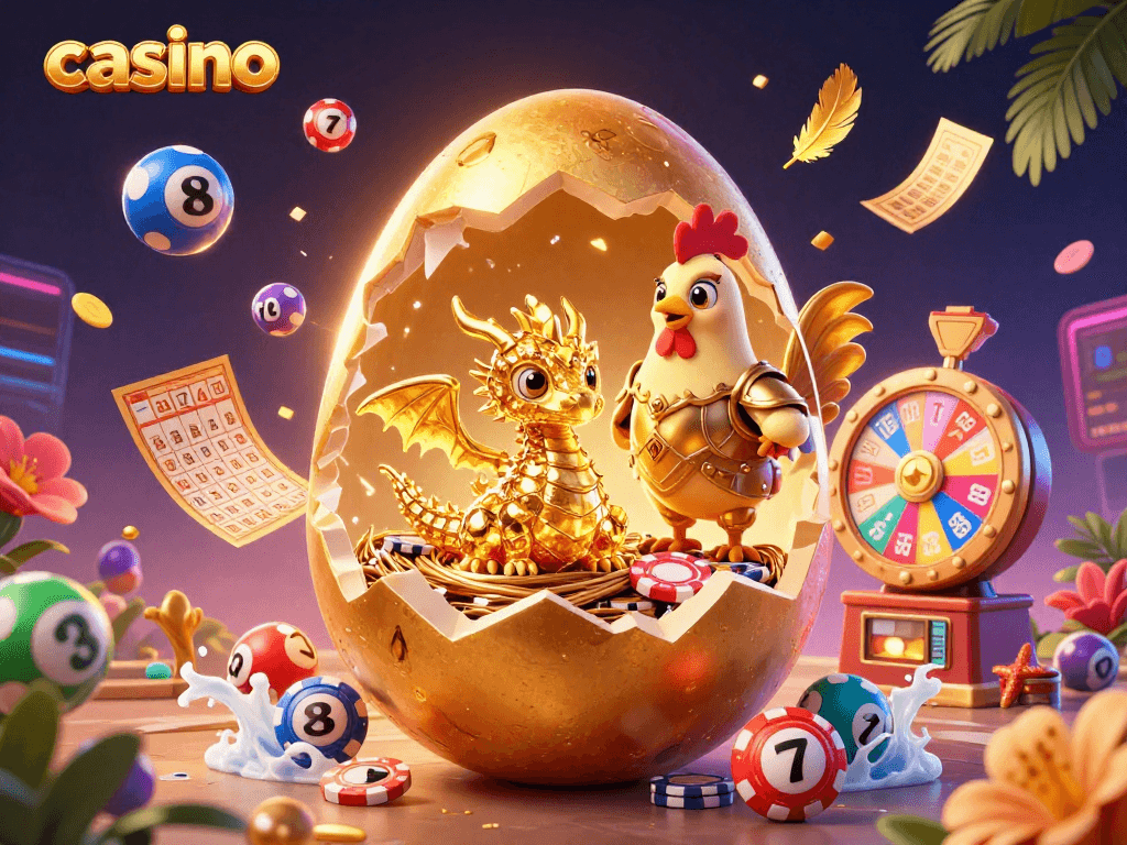 Experience the thrilling casino scene with a golden dragon and vibrant gaming elements.