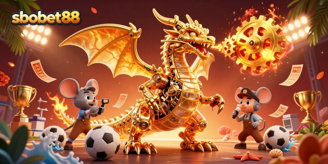 Engage with sbobet88 as you experience dynamic sports betting excitement featuring a golden dragon and thrilling game elements.