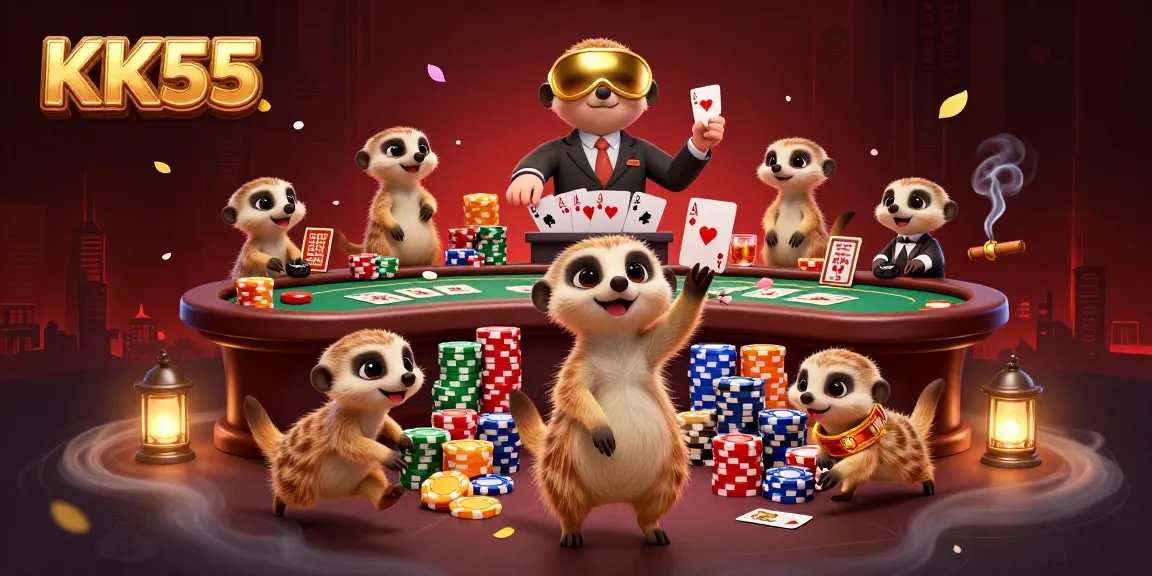 Engage in thrilling gameplay at KK55’s vibrant casino scene dominated by lively meerkats.