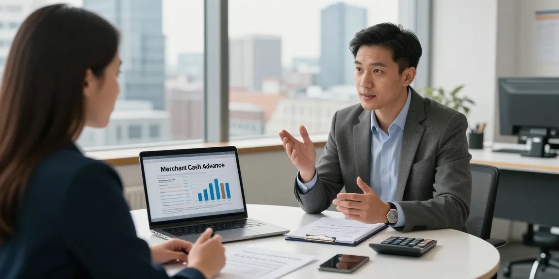 Discussing the cheapest merchant cash advance in UK options during a financial consultation.