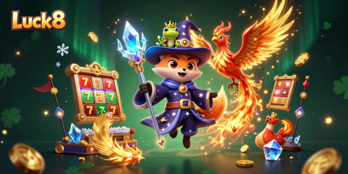Experience thrilling gaming at Luck8 with a mystical wizard, phoenix, and enchanted frog in a vibrant casino setting.