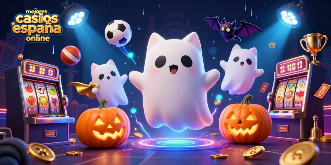 Ilustra los mejores casinos España online con un gato fantasma y un murciélago en un ambiente de casino.