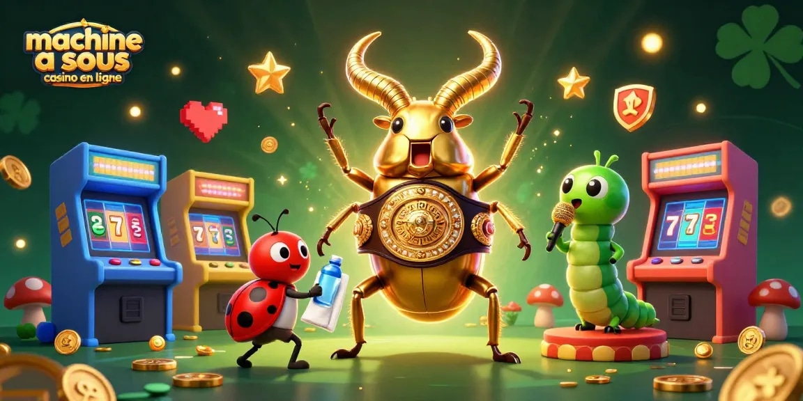 Jouez à la machine à sous casino en ligne avec une illustration captivante de coccinelles et de jeux colorés.