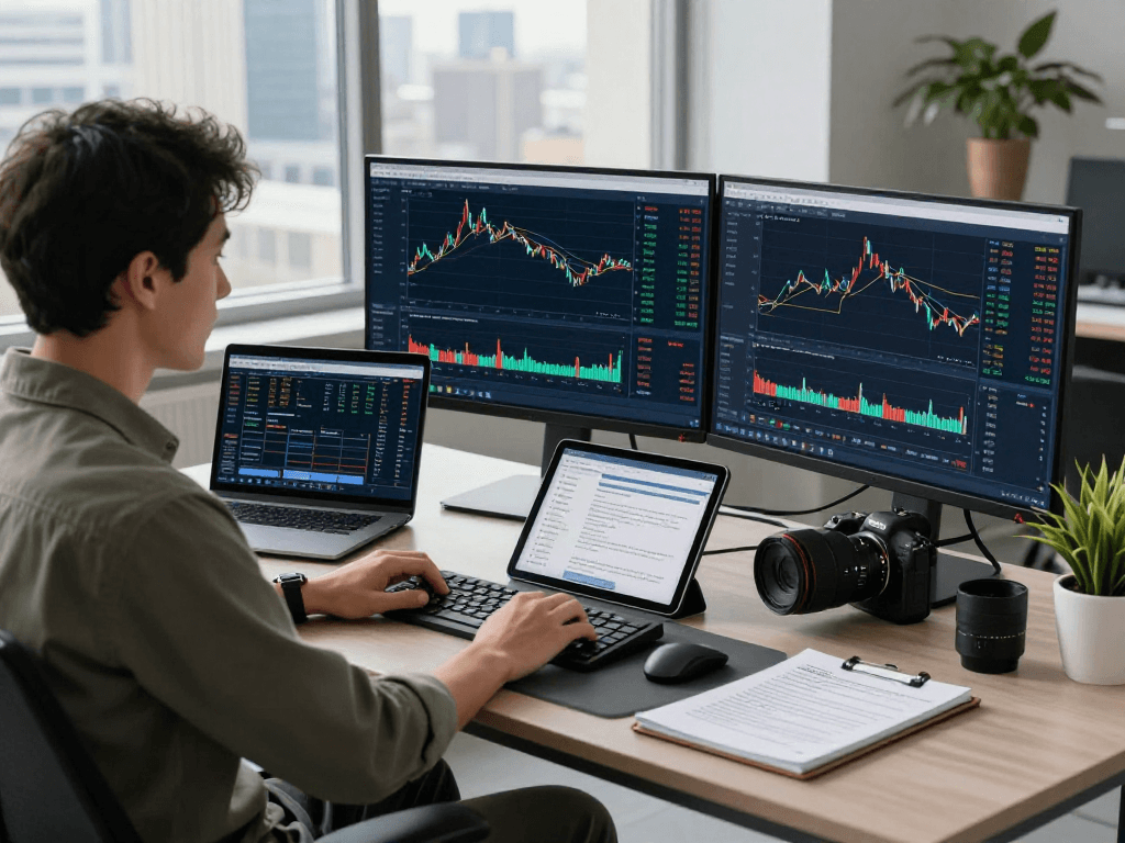 TradingView analysis tools on multiple screens in a professional trading environment with real-time data and charts.