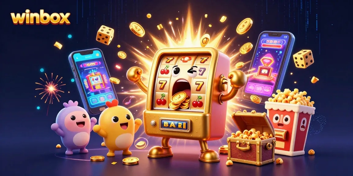 Winbox slots character celebrating with coins pouring out, supported by cheering baby slots.