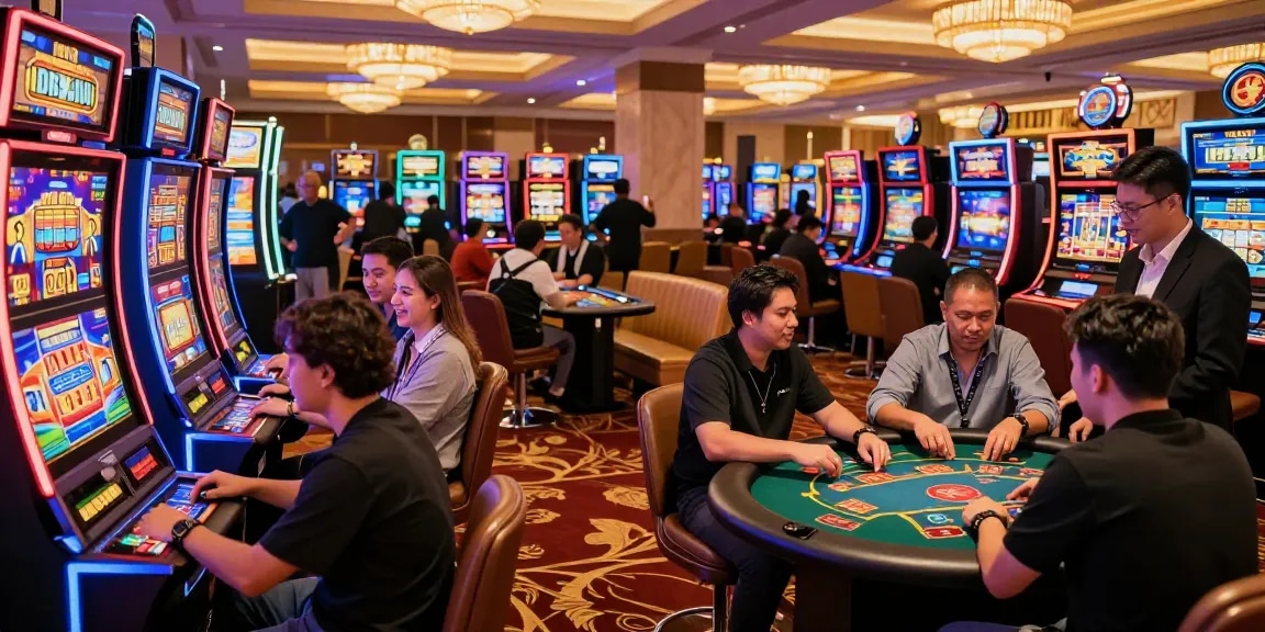 Exciting casino scene showcasing players at slot depo 5000 machines celebrating wins in a vibrant atmosphere.
