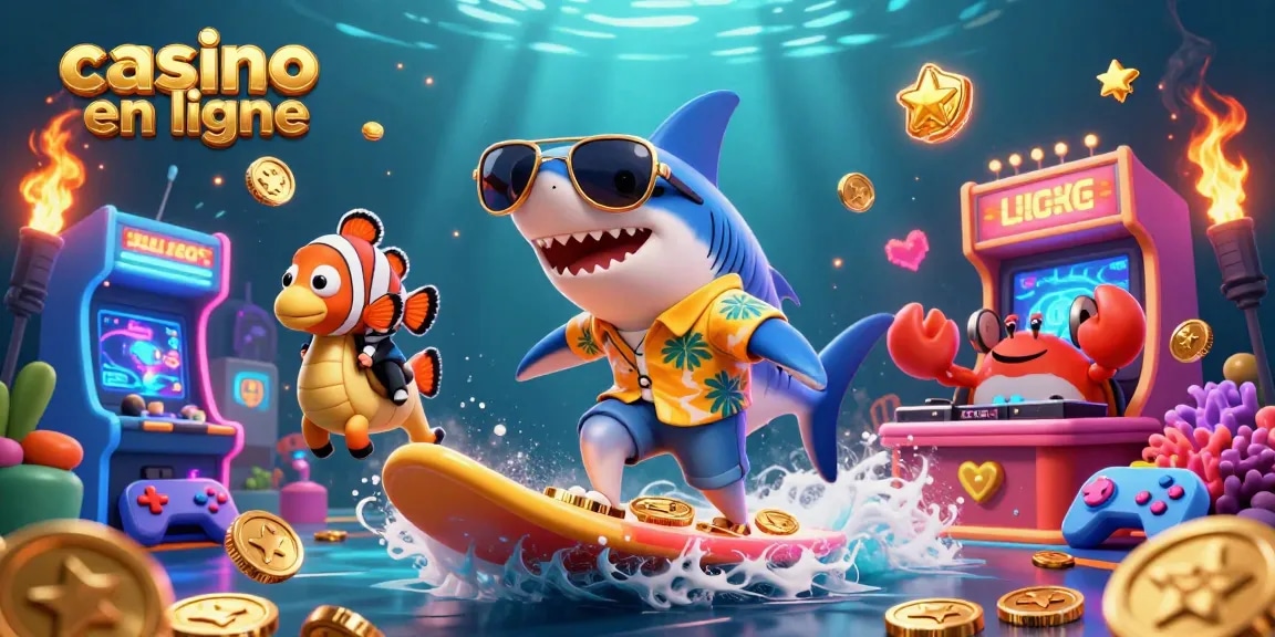 Jouez à des jeux captivants sur casino en ligne avec un requin surfant sur des pièces d'or, un poisson clown en smoking et un crabe DJ.