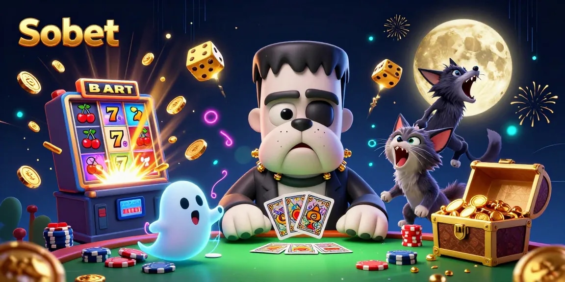Sbobet gaming scene featuring a Frankenstein bulldog dealer, ghost mouse, and werewolf kitten in a vibrant casino