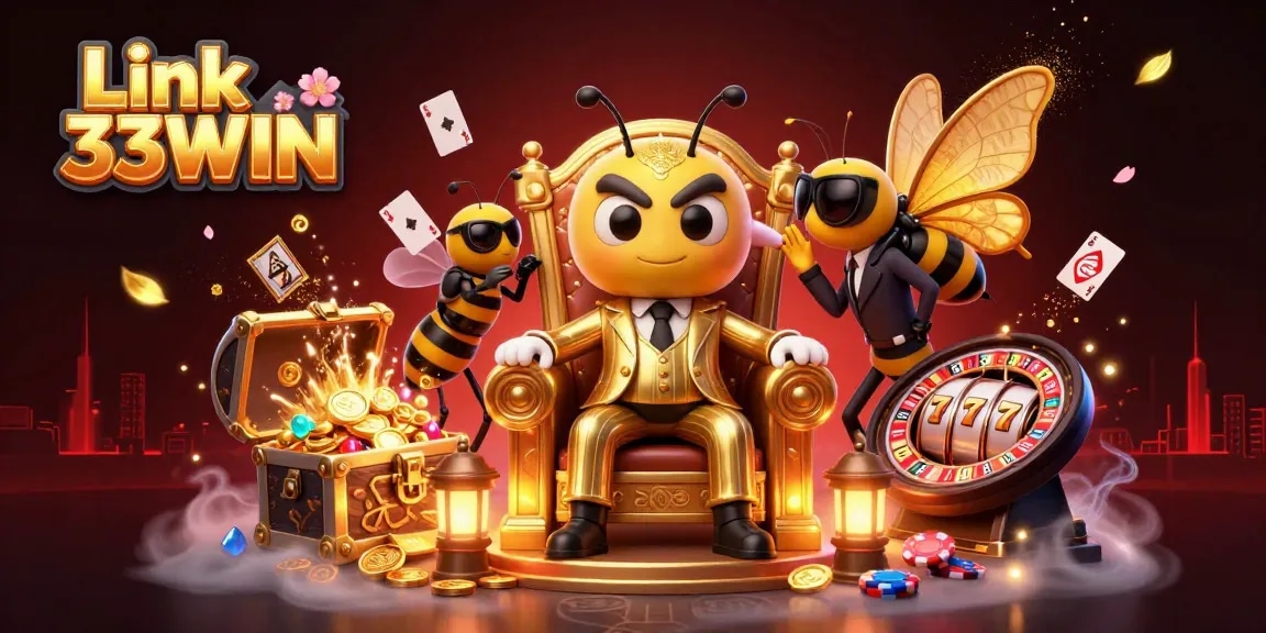 Link 33WIN showcases a vibrant 3D illustration of colorful casino elements and characters, symbolizing exciting gaming.