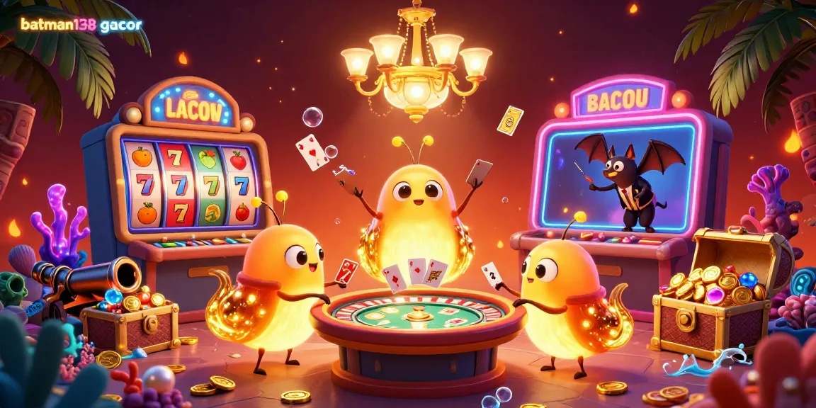Join the fun at batman138 gacor as glowworms illuminate a lively casino scene filled with colorful games and treasures.