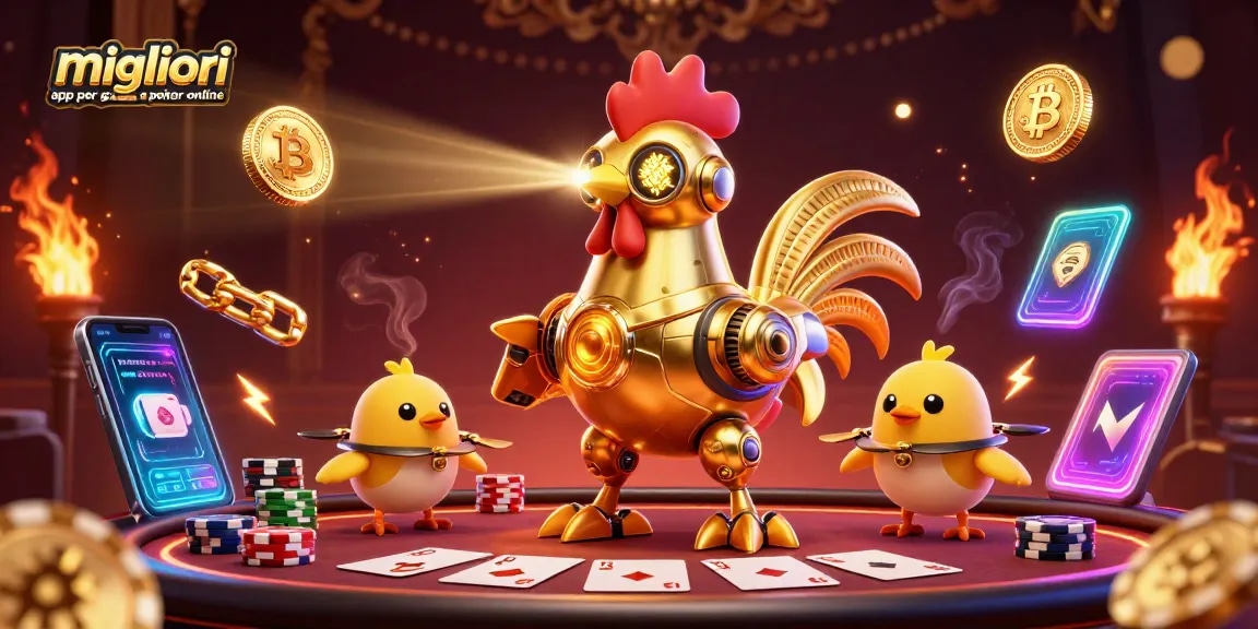 Scopri le migliori app per giocare a poker online con questa immagine dinamica di robot e giochi di poker.
