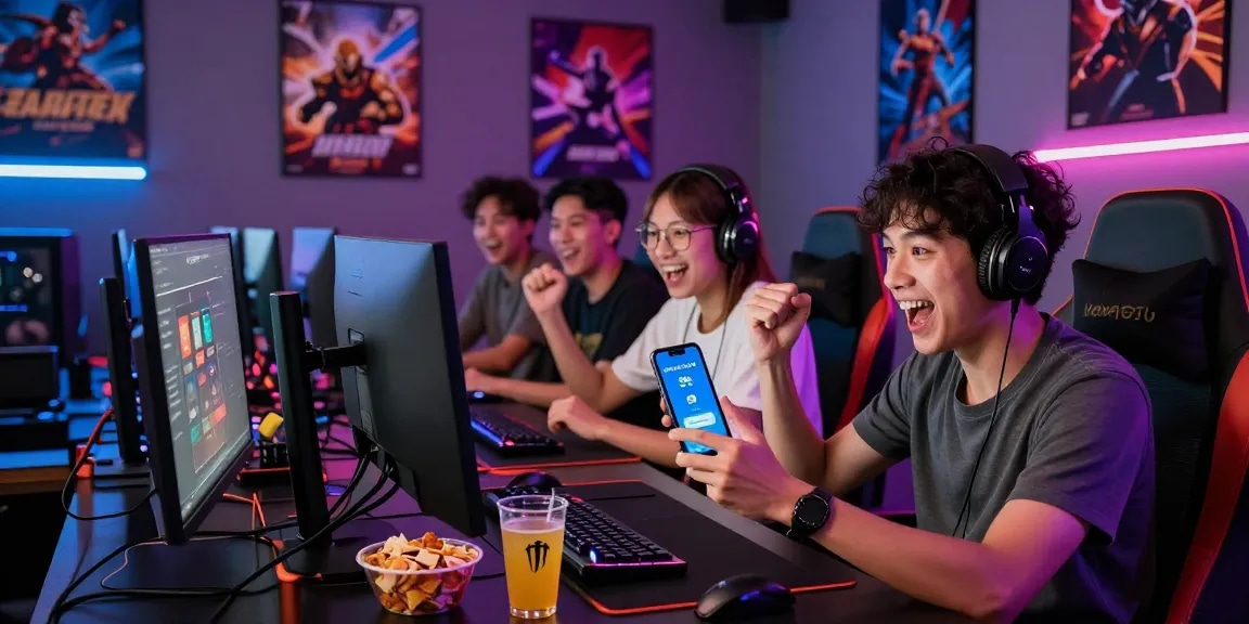 Exciting gaming scene showcasing deposit pulsa tanpa potongan process with players and technology.
