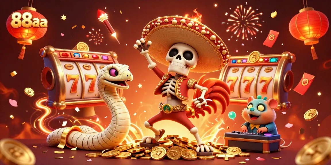 Experience thrilling gameplay at 88aa with a festive illustration showcasing a vibrant casino scene filled with excitement.