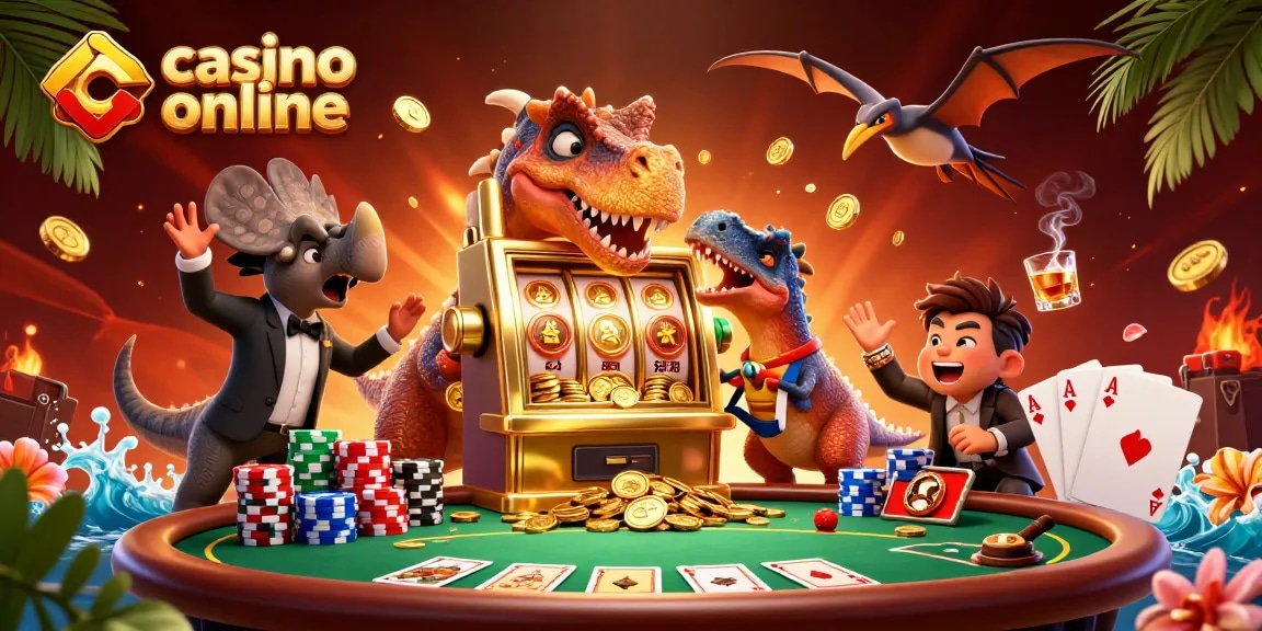 Vinci con i casino online in un'illustrazione 3D: un pachicefalosauro colpisce la slot per un jackpot di monete dorate.