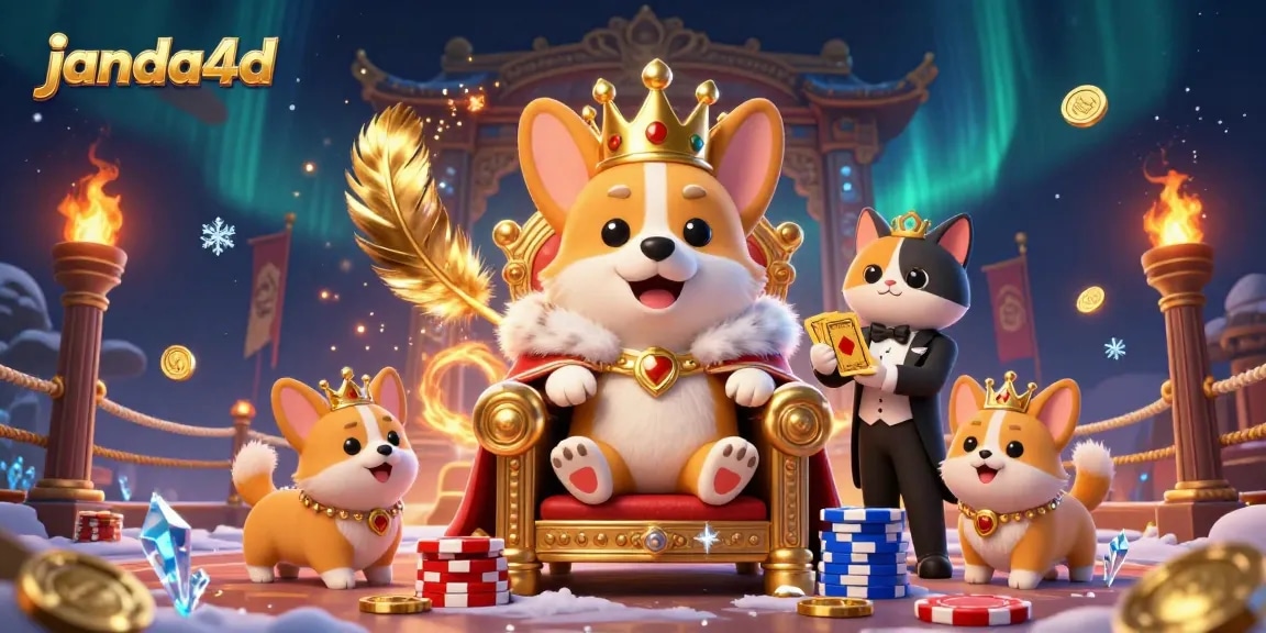 Janda4d menghadirkan permainan kasino berkelas dengan corgi bermahkota di singgasana chip poker.