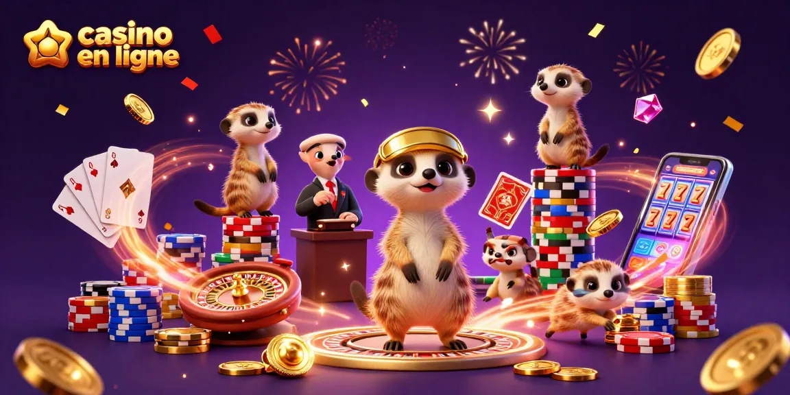 Jouer au casino en ligne avec des meerkats animés profitant de jeux et de piñatas scintillantes.