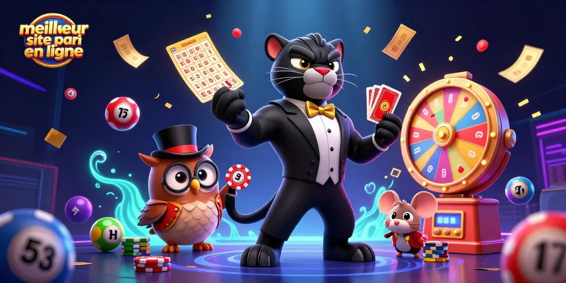Meilleur site de pari en ligne : le panthère élégant distribue des cartes dans un casino coloré.