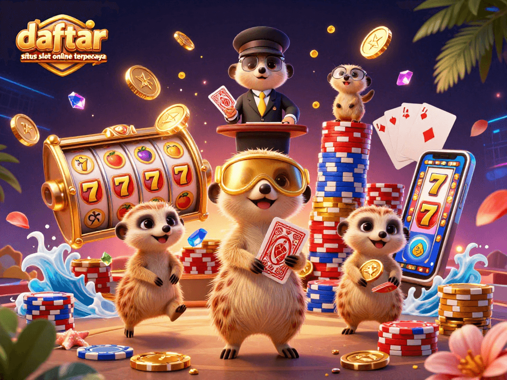 Menggambarkan daftar situs slot online terpercaya yang menarik dengan karakter meerkat beroperasi di kasino.