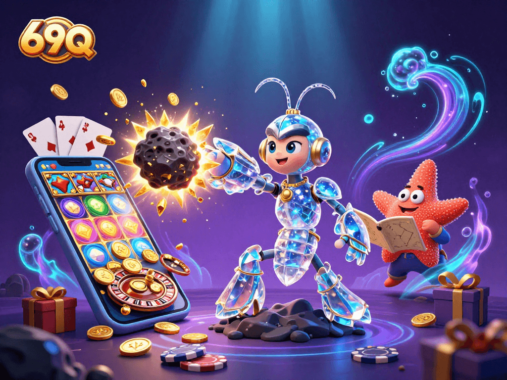 Slot dinâmico com a marca 69Q, onde a ação impactante envolve uma explosão de moedas e jogos.