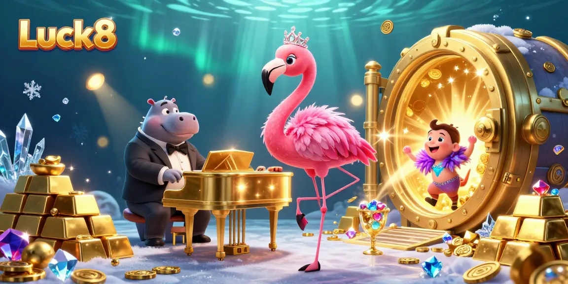 Experience the thrill of Luck8 casino with vibrant characters and rich gaming elements in a striking 3D illustration.