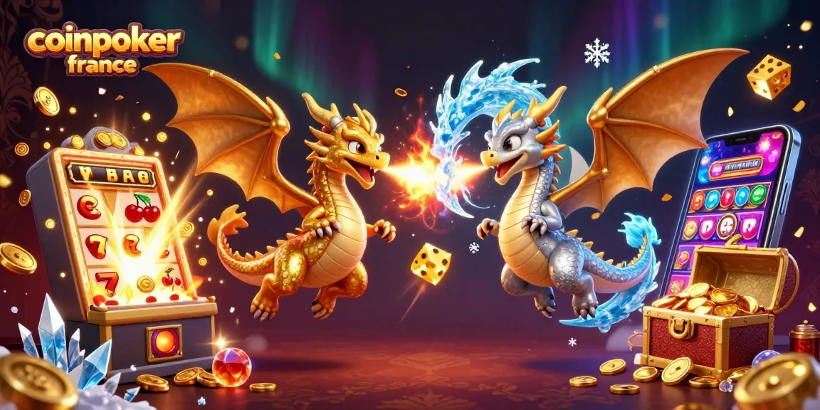Coins et dragons s'entremêlant, illustrant l'univers de coinpoker france avec une ambiance casino captivante.
