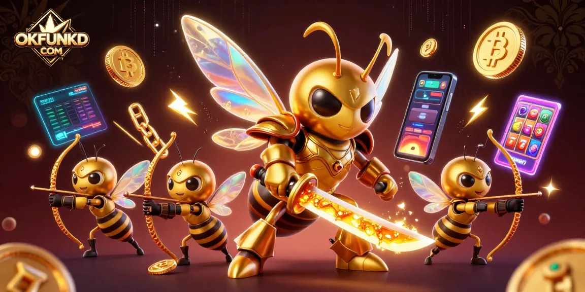 Experience thrilling gameplay at OKFUNKD COM with our immersive 3D illustration showcasing vibrant casino elements and crypto excitement.
