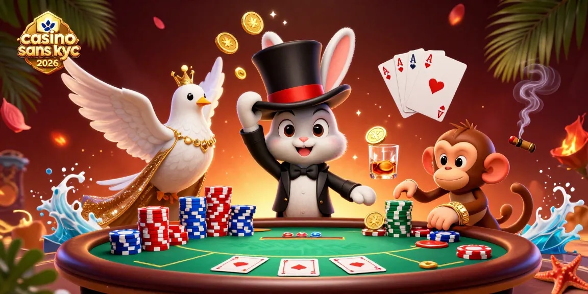 Jouer dans un casino sans KYC 2026 avec des personnages colorés et des jetons de poker.