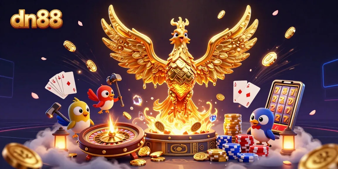 Experience exciting games and winning with dn88's vibrant casino platform featuring a golden phoenix and flowing coins.
