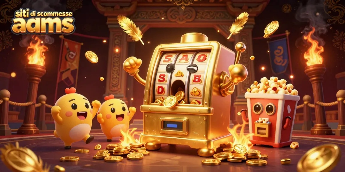 Siti di scommesse non aams: Slot machine d'oro vince un jackpot, circondata da effetti di festa.