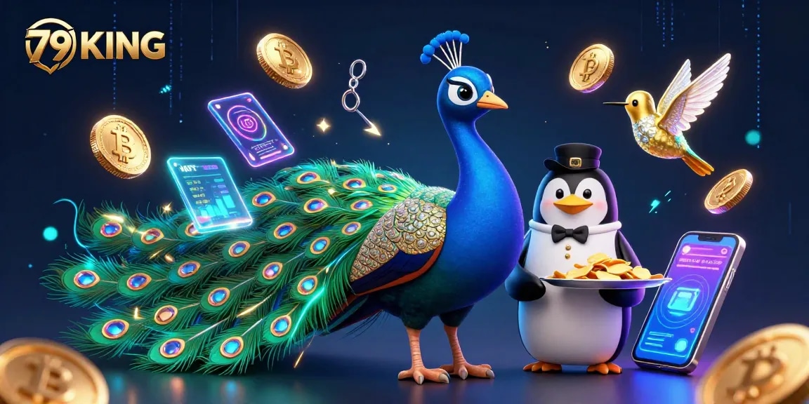 Engage with 79KING in this vibrant 3D casino scene featuring colorful characters and glowing crypto assets.