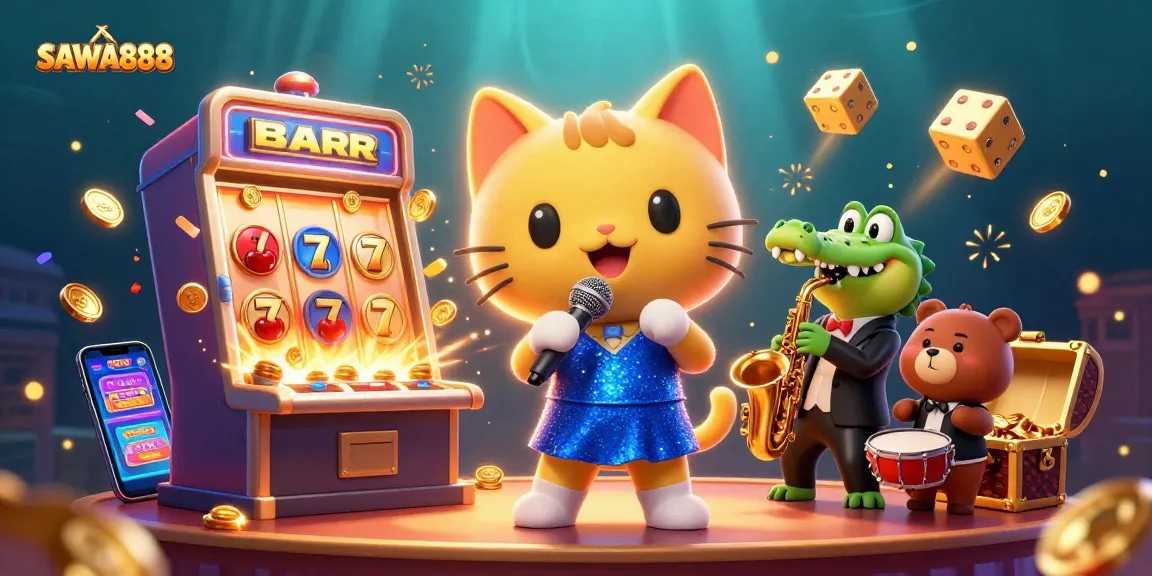 Players enjoy SAWA888's vibrant casino games, featuring dynamic characters amidst a jackpot explosion.