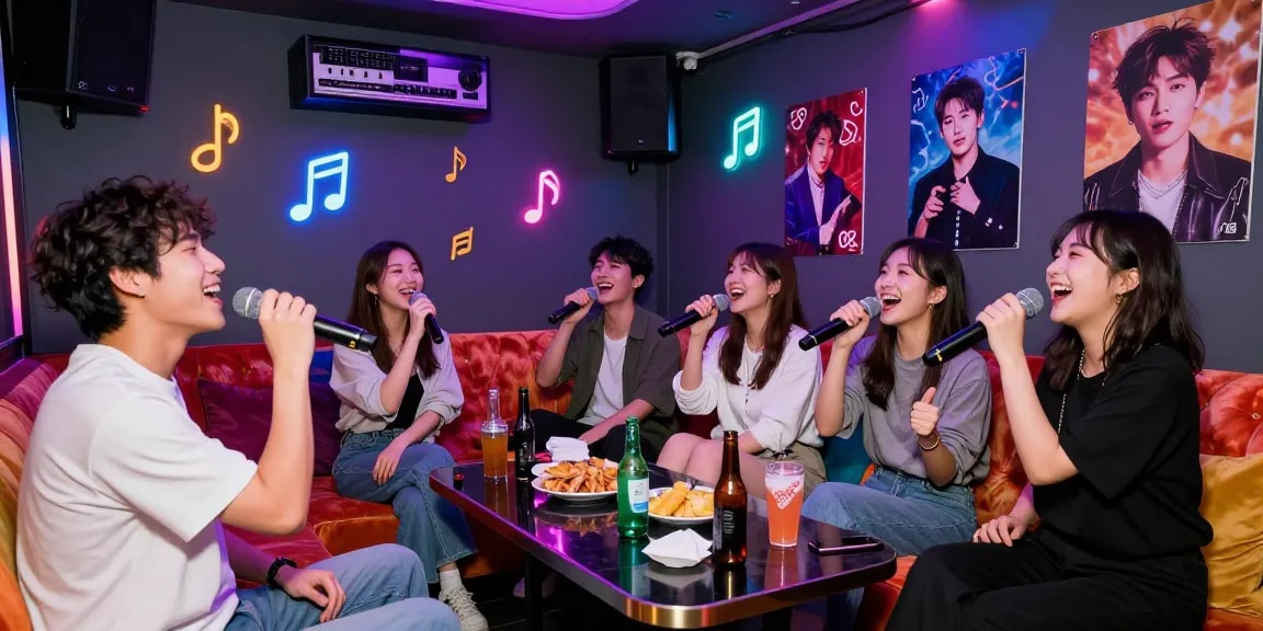Friends enjoying a lively 강남노래방 karaoke night with colorful lights and vibrant atmosphere.