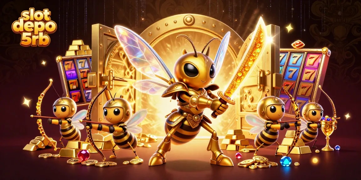 Play exciting slots at slot depo 5rb, featuring a dynamic 3D casino illustration with golden treasures and unique characters.