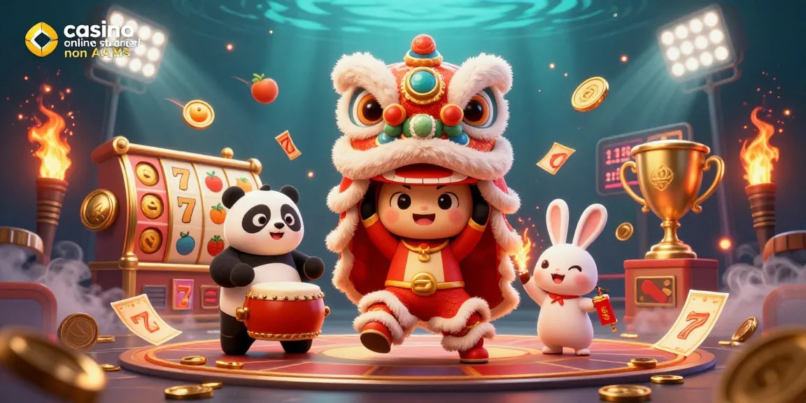 Cattura l'azione nei casino online stranieri non AAMS con una danza del leone, droni e simboli di gioco che volano impetuosamente.