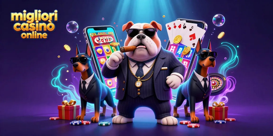 Scopri i migliori casinò online mentre il bullo bulldog gioca con slot e carte.