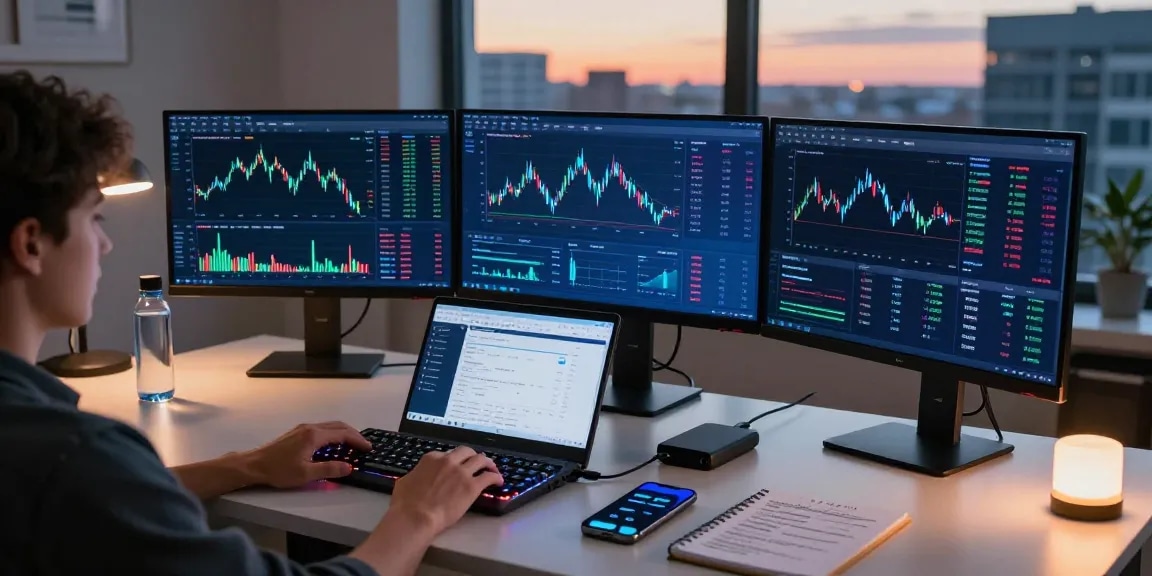 Funexchange user engaging with cryptocurrency trading platform in a professional workspace with live market data and secure wallet management.