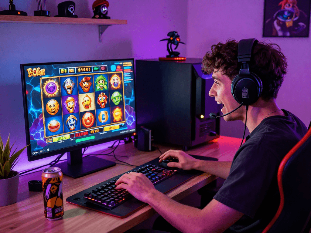 Player engaging with an online slot game featuring vibrant info slot graphics in a cozy gaming setup.