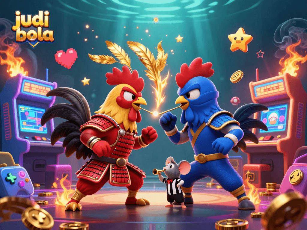 Bettors engaged in judi bola with fighting roosters and arcade games in a vibrant casino atmosphere