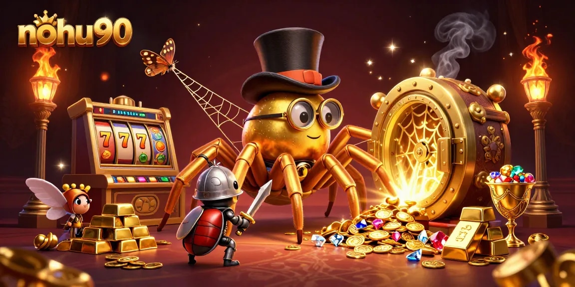Nohu90 showcases thrilling 3D cartoon adventure with vibrant casino elements and a golden tarantula