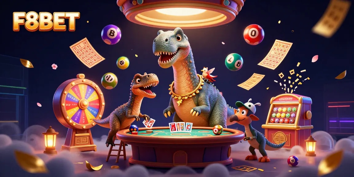 Experience F8BET with vibrant lottery elements and a whimsical dinosaur dealer in a dynamic casino scene.