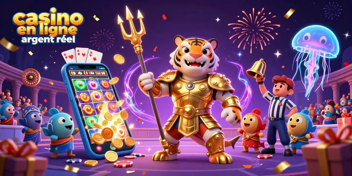 Plongez dans l'univers du casino en ligne argent réel avec un requin tigre en armure, entouré de jeux et de trésors.